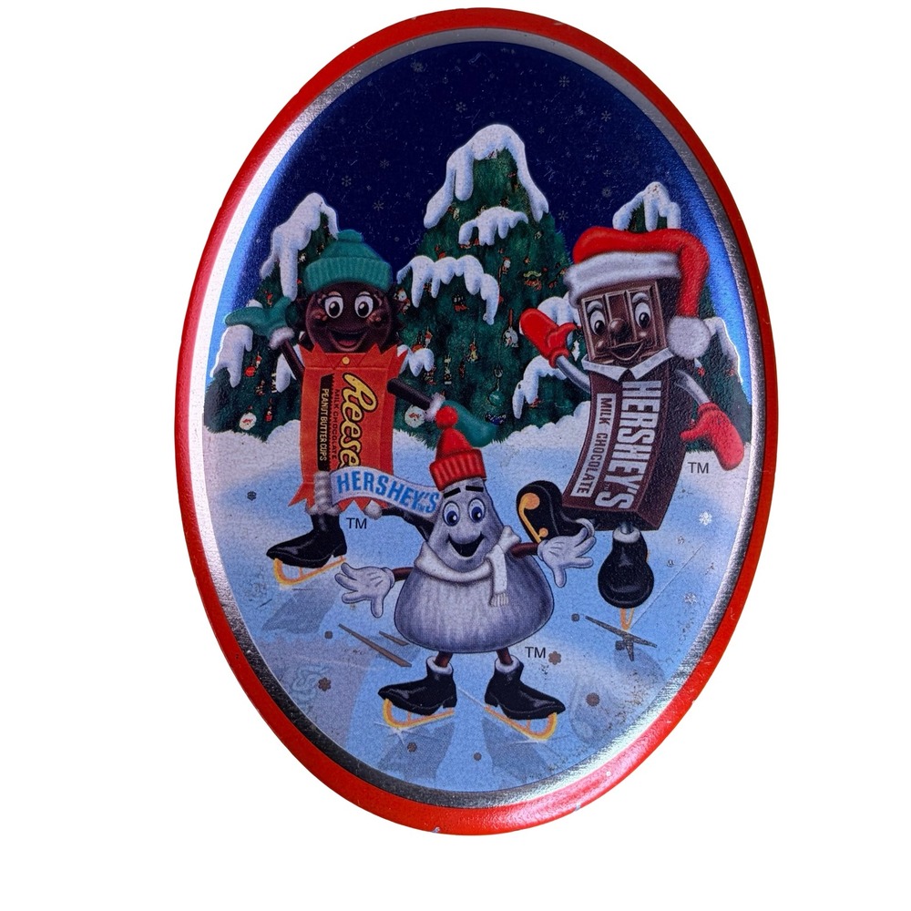 Hershey Christmas Tin 1999 VTG Advertisement Oval Blue Ice Skating Candy Mascots